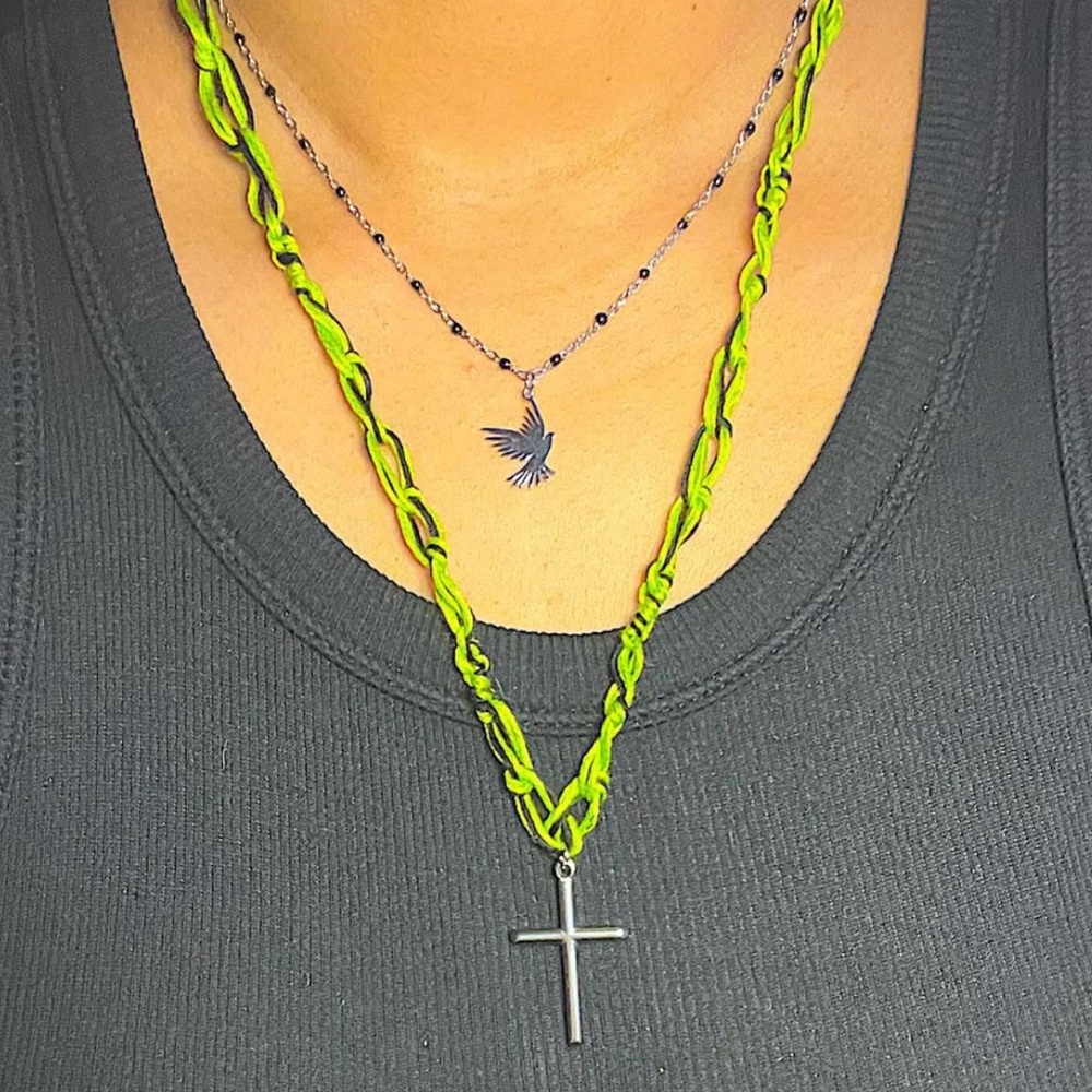 Green&Black Woven Cotton Rope w Enamel Beaded Chain, Cross Dove Pendants - Picture 3 of 4